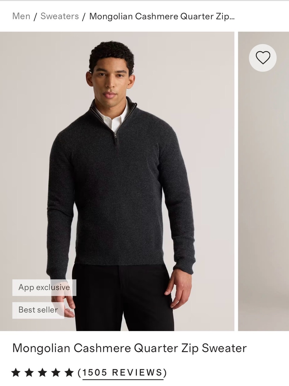 Quince Men's Mongolian Cashmere Quarter-Zip Sweater — Charcoal